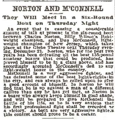 Newspaper article, Norton and McConnell: six-round bout at the Globe Theatre on Thursday night