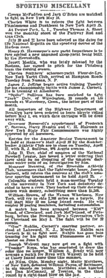 Newspaper column, Sporting Miscellany, including Matty Matthews knocking out Dan McConnell of Trenton
