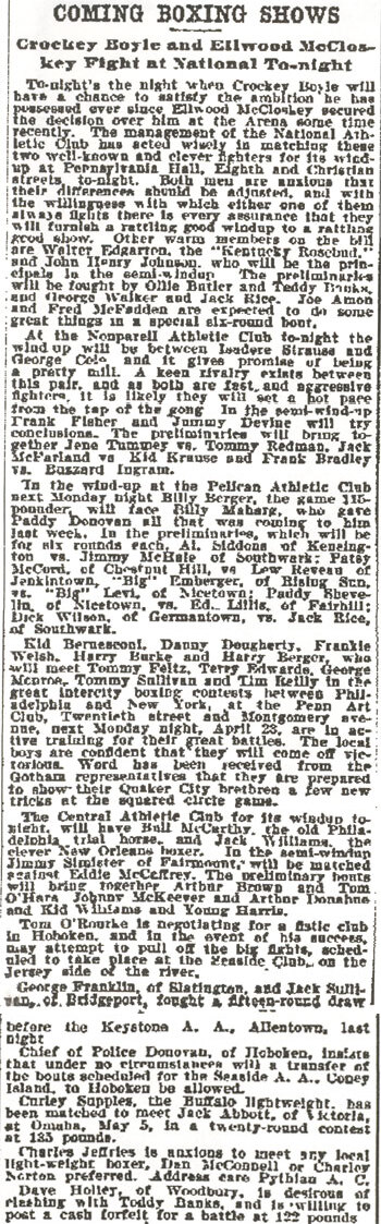 Philadelphia Inquirer clipping, April 21, 1900: Coming Boxing Shows, Crockey Boyle and Ellwood McCloskey fight at National to-night