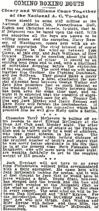 Philadelphia Inquirer clipping, May 19, 1900: Coming Boxing Bouts, Cleary and Williams come together at the National A. C. to-night