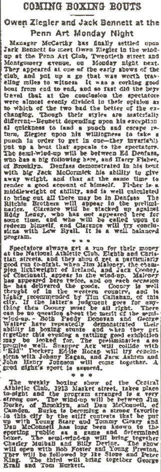 Philadelphia Inquirer clipping, November 17, 1900: Coming Boxing Bouts, Owen Ziegler and Jack Bennett at the Penn Art Monday night