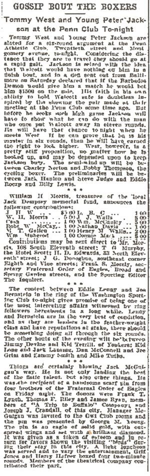 Philadelphia Inquirer clipping, February 24, 1902: Gossip Bout the Boxers, Tommy West and Young Peter Jackson at the Penn Club to-night