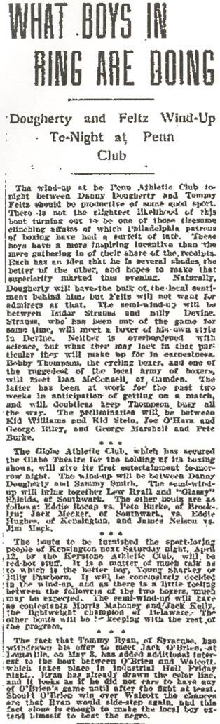 Philadelphia Inquirer clipping, April 9, 1902: What Boys in Ring Are Doing, Dougherty and Feltz wind-up to-night at Penn Club