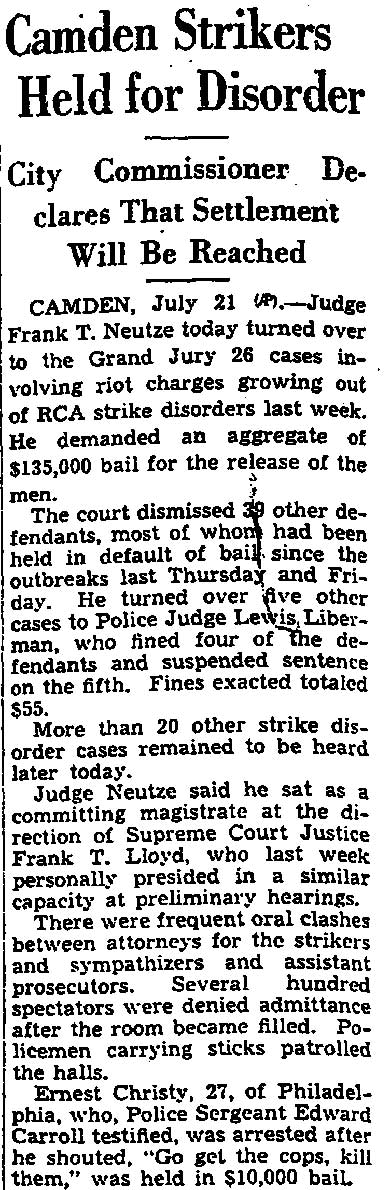 Trenton Evening Times article, July 21, 1936, Camden Strikers Held for Disorder