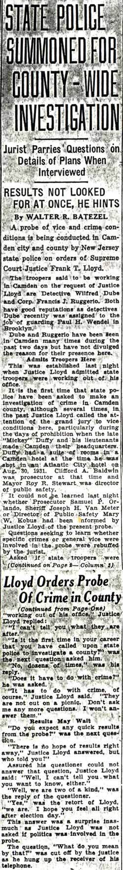 Camden Courier-Post article, October 22, 1936, State Police Summoned for County-Wide Investigation, with continuation Lloyd Orders Probe Of Crime in County