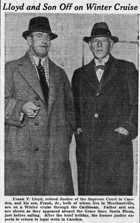 Frank T. Lloyd and his son Frank Jr. standing in overcoats and hats, 1938, from the Courier-Post article Lloyd and Son Off on Winter Cruise