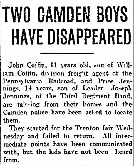 Newspaper article, Two Camden Boys Have Disappeared