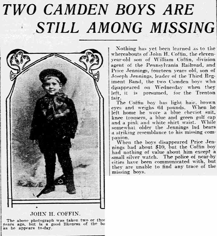 Newspaper article with photograph, Two Camden Boys Are Still Among Missing
