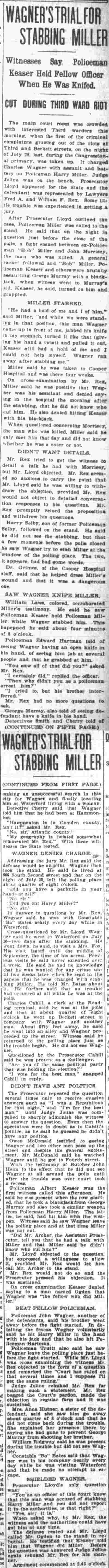 Camden Daily Courier article, Wagner's Trial for Stabbing Miller, January 26, 1903