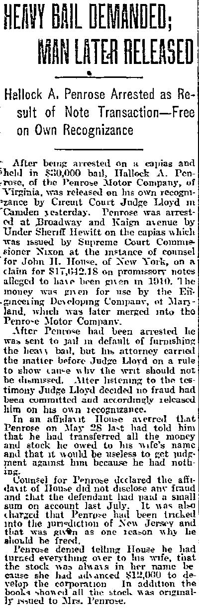 Philadelphia Inquirer article reporting that Hallock A. Penrose, arrested on a capias over a promissory-note claim, was released on his own recognizance by Circuit Court Judge Lloyd in Camden