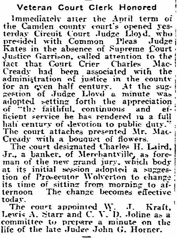 Philadelphia Inquirer article reporting that Circuit Court Judge Lloyd called attention to Court Crier Charles MacCready's half century of service to the Camden county courts