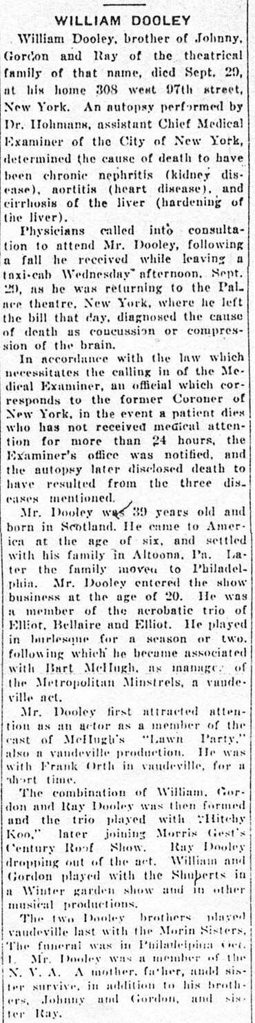 Variety obituary of William Dooley, brother of Johnny, Gordon and Ray Dooley