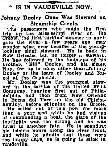 New Orleans Times-Picayune clipping, Is in Vaudeville Now, about Johnny Dooley