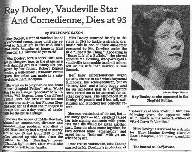 New York Times obituary, Ray Dooley, Vaudeville Star And Comedienne, Dies at 93, with a portrait of Ray Dooley