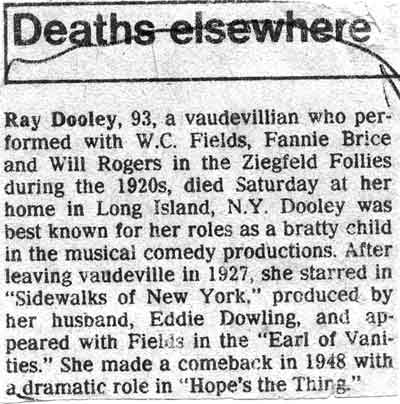 Camden Courier-Post Deaths elsewhere notice for Ray Dooley, 93, vaudevillian