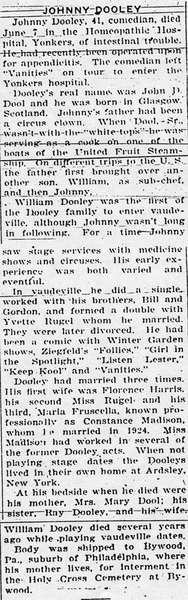 Variety obituary of comedian Johnny Dooley, June 13, 1928