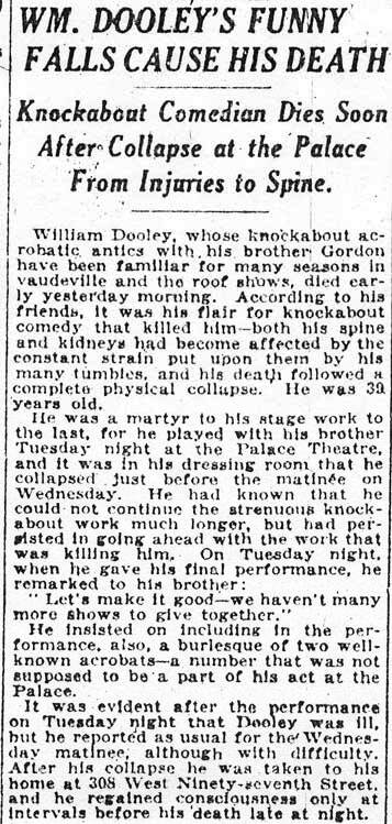 New York Times article on the death of vaudeville comedian William Dooley, September 30, 1921