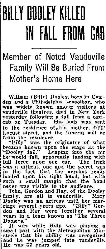 Philadelphia Inquirer article on the death of vaudeville comedian Billy Dooley, September 30, 1921