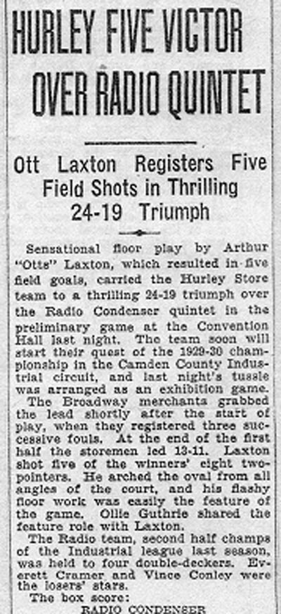 Hurley Five Victor Over Radio Quintet - Camden Courier-Post, Fall 1929