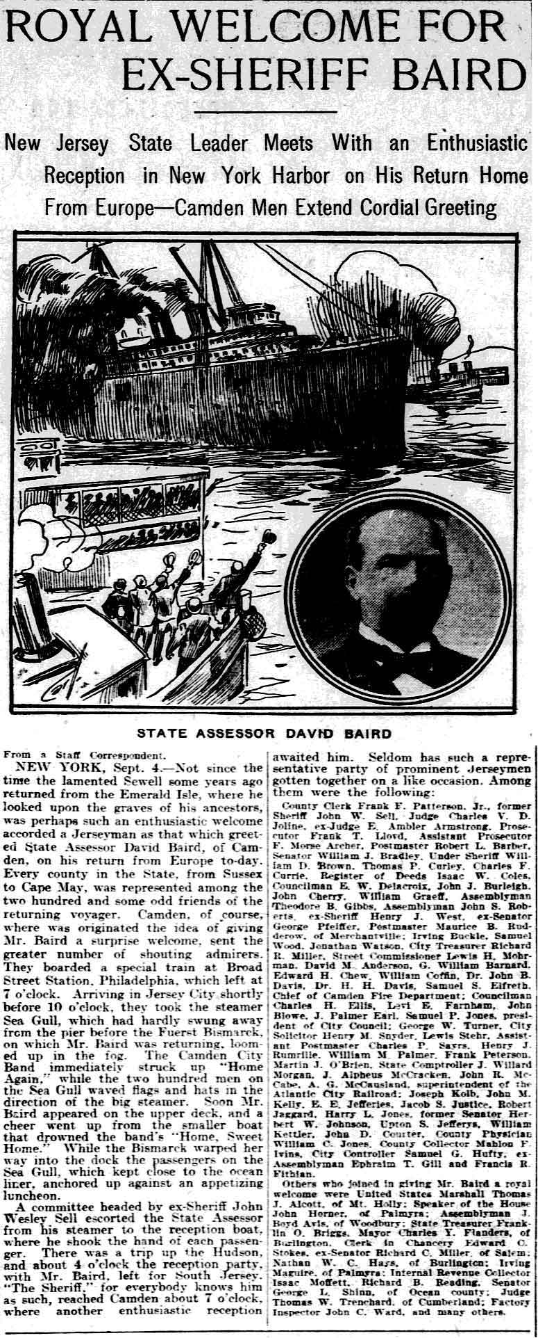Philadelphia Inquirer clipping, September 5, 1903, Royal Welcome for Ex-Sheriff Baird