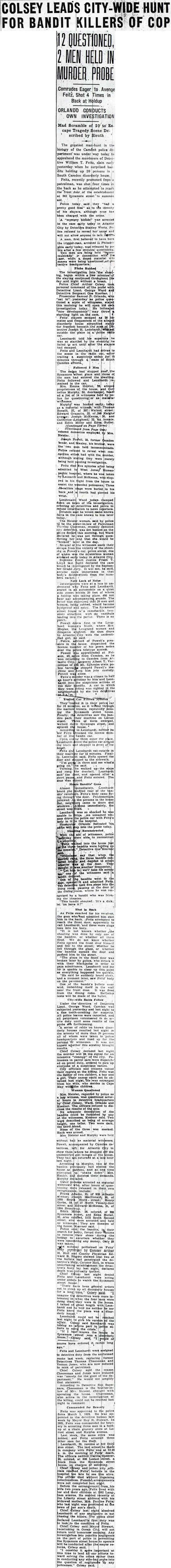 Newspaper clipping "12 Questioned, 2 Men Held in Murder Probe," Camden Evening Courier, Sept. 3, 1934.
