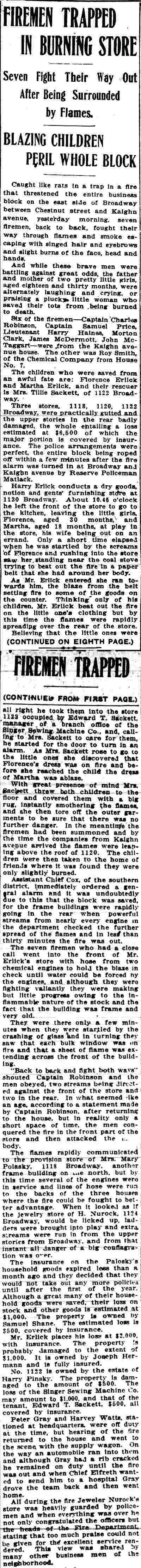 Newspaper clipping "Firemen Trapped in Burning Store," Camden Post-Telegram, Dec. 27, 1910.