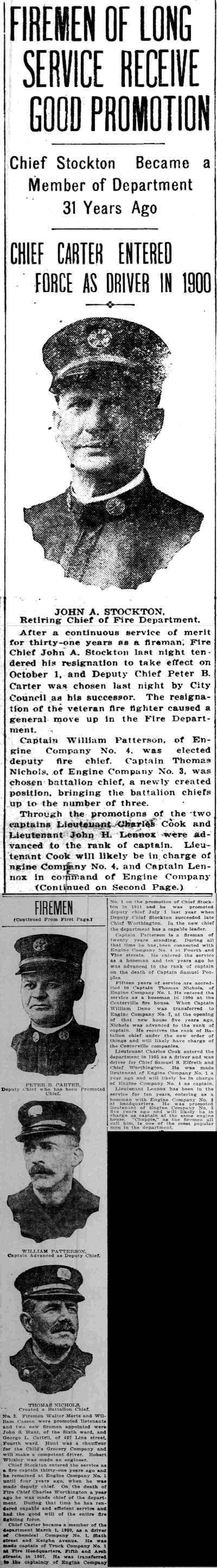 Newspaper clipping "Firemen of Long Service Receive Good Promotion," Camden Daily Courier, July 30, 1915.