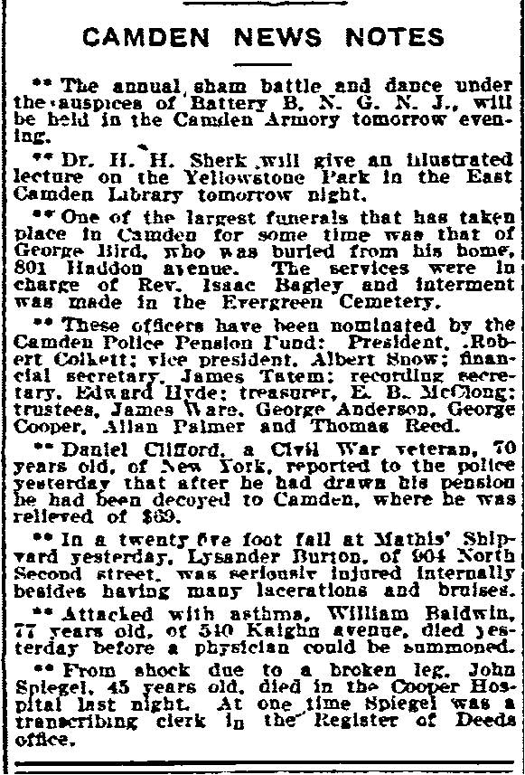 Newspaper column "Camden News Notes" with eight short local items, Philadelphia Inquirer, Dec. 9, 1908.