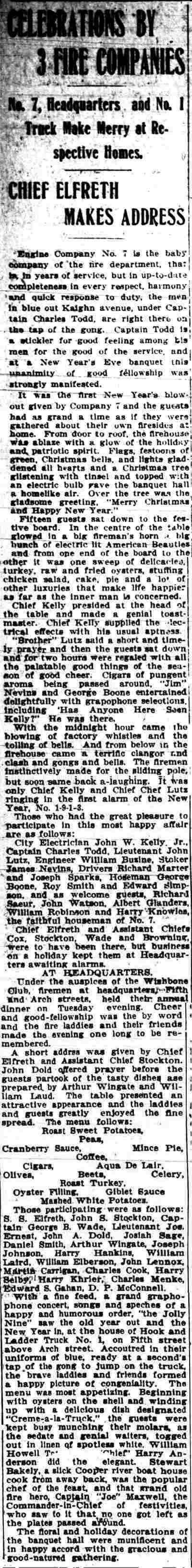 Newspaper clipping "Celebrations by 3 Fire Companies," Camden Post-Telegram, Jan. 2, 1913.