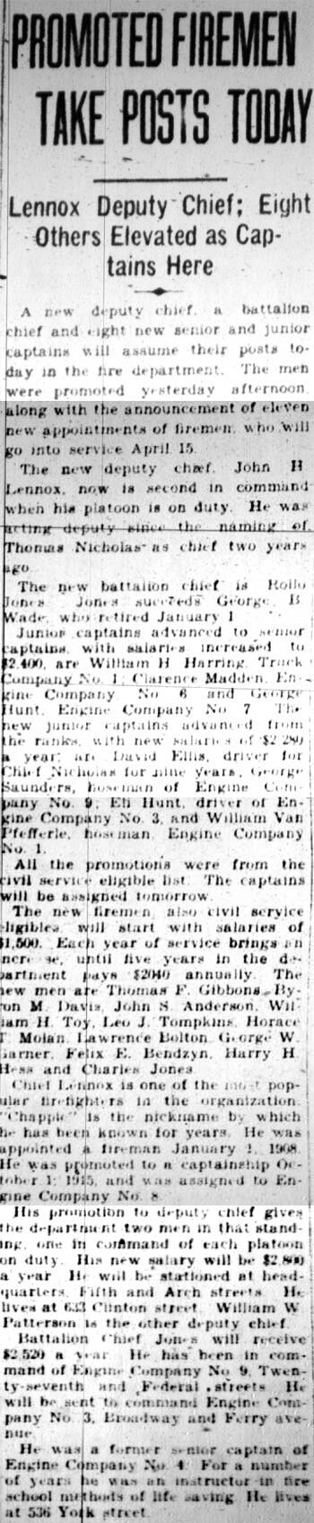 Courier-Post clipping, April 4, 1928: Promoted Firemen Take Posts Today, naming John H. Lennox deputy chief