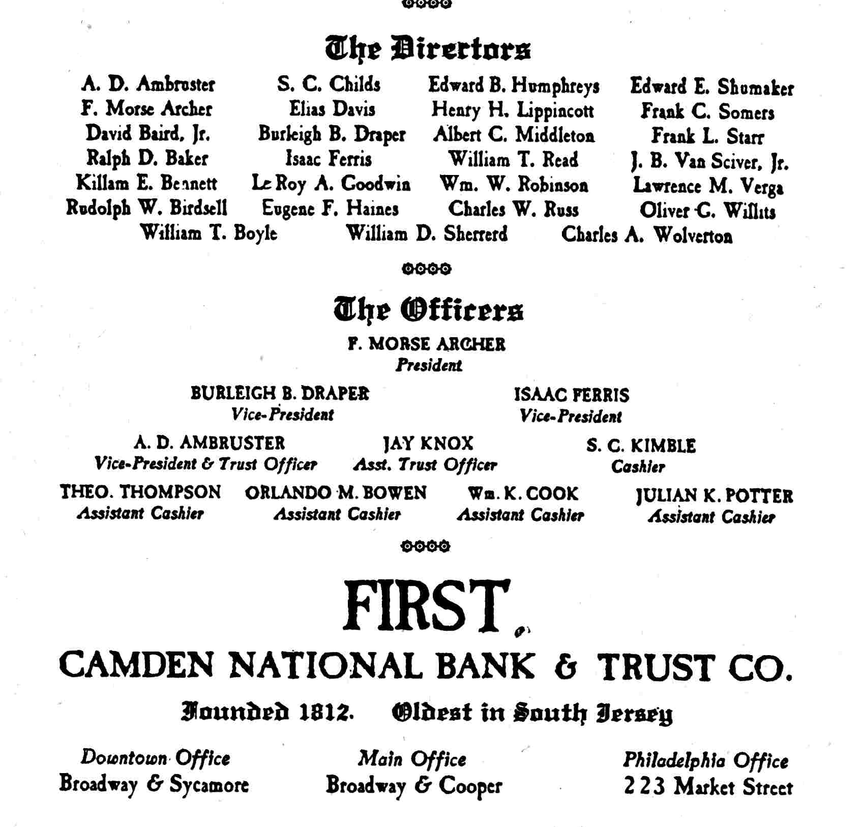 First Camden National Bank & Trust Co. advertisement listing its directors and officers, Camden Courier-Post, June 18, 1932