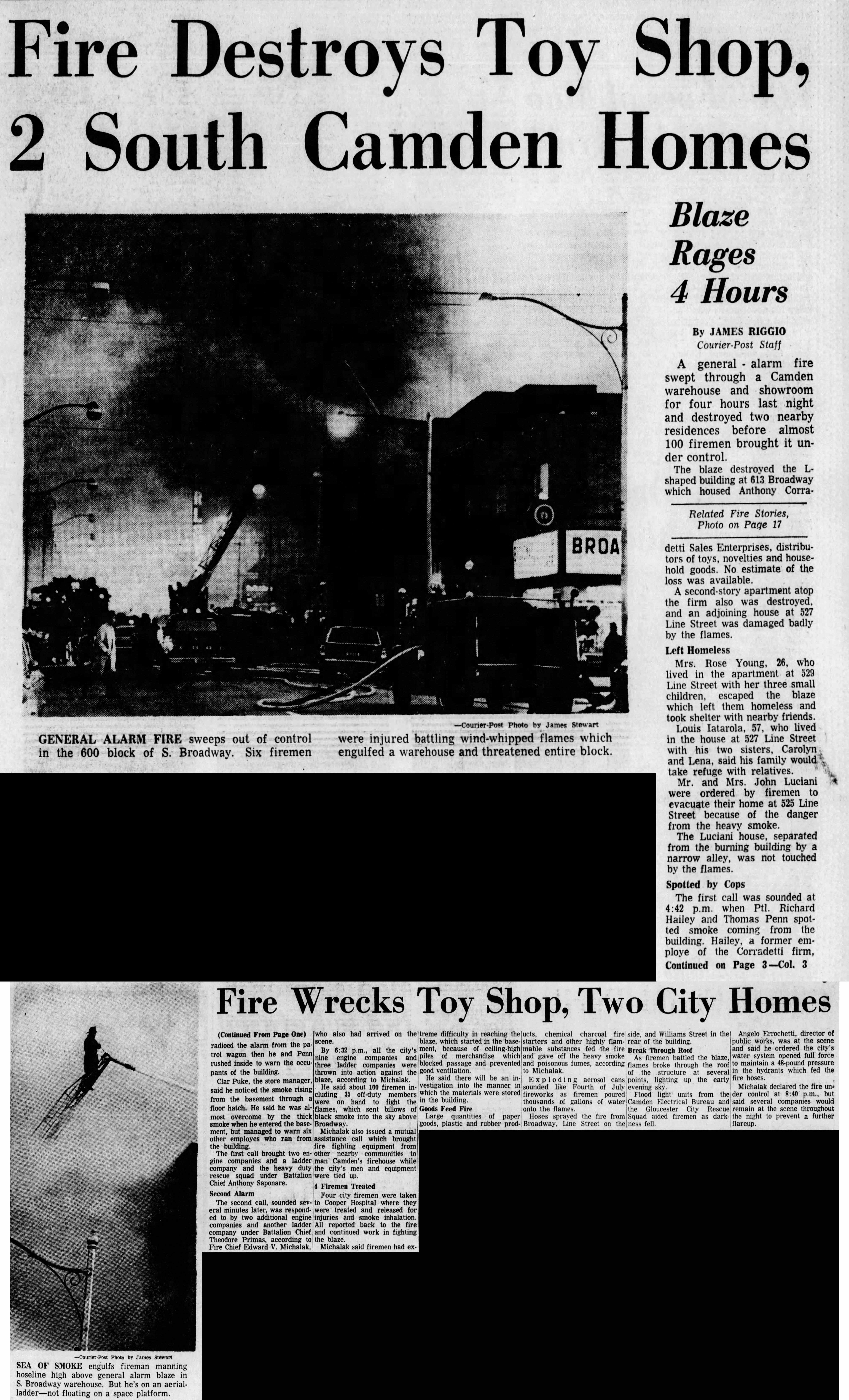 Courier-Post front page and page 3 clipping, Fire Destroys Toy Shop, 2 South Camden Homes, March 8, 1967