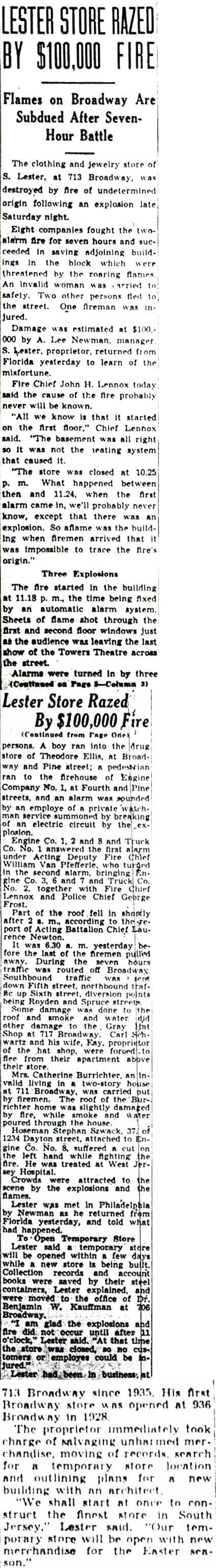 Lester Store Razed By $100,000 Fire, Camden Courier-Post, March 16, 1942