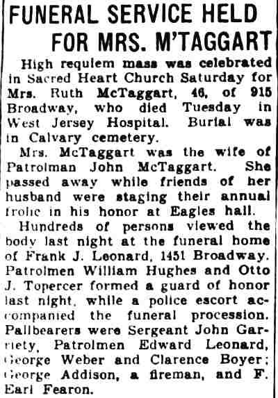 Newspaper clipping: Funeral Service Held for Mrs. M'Taggart