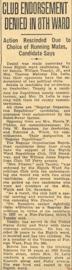 Camden Courier-Post clipping, May 8, 1934: "Club Endorsement Denied in 8th Ward"