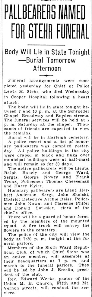 Newspaper clipping: Pallbearers Named for Stehr Funeral, Camden Morning Post, December 12, 1930