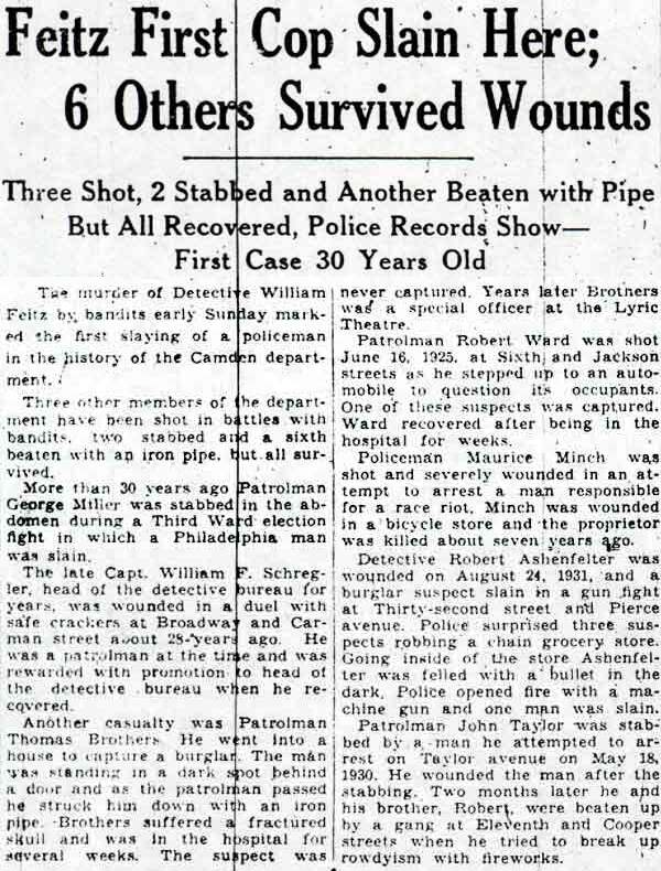 Newspaper clipping: Feitz First Cop Slain Here; 6 Others Survived Wounds, Camden Evening Courier, Sept. 3, 1934