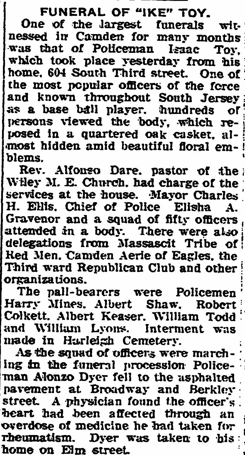 Newspaper clipping, Funeral of Ike Toy, Bridgeton Evening News, December 31, 1906