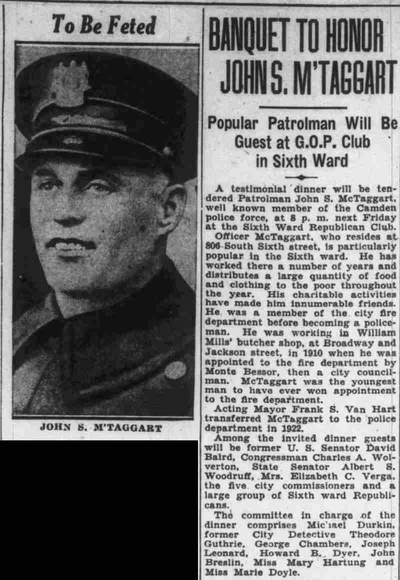 Banquet to Honor John S. M'Taggart, Camden Courier-Post, March 10, 1934, with a portrait of the patrolman