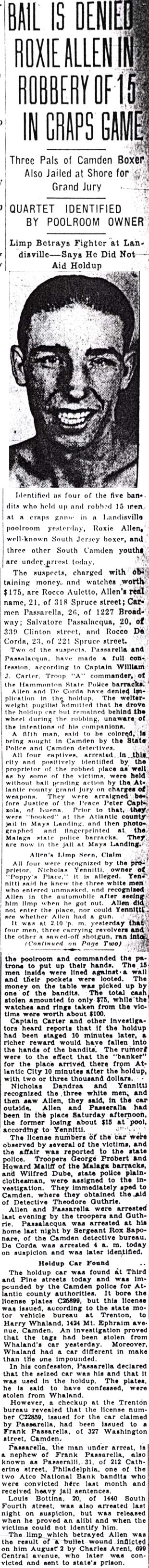 Camden Evening Courier clipping, December 8, 1930: Bail Is Denied Roxie Allen in Robbery of 15 in Craps Game, with a portrait of Allen