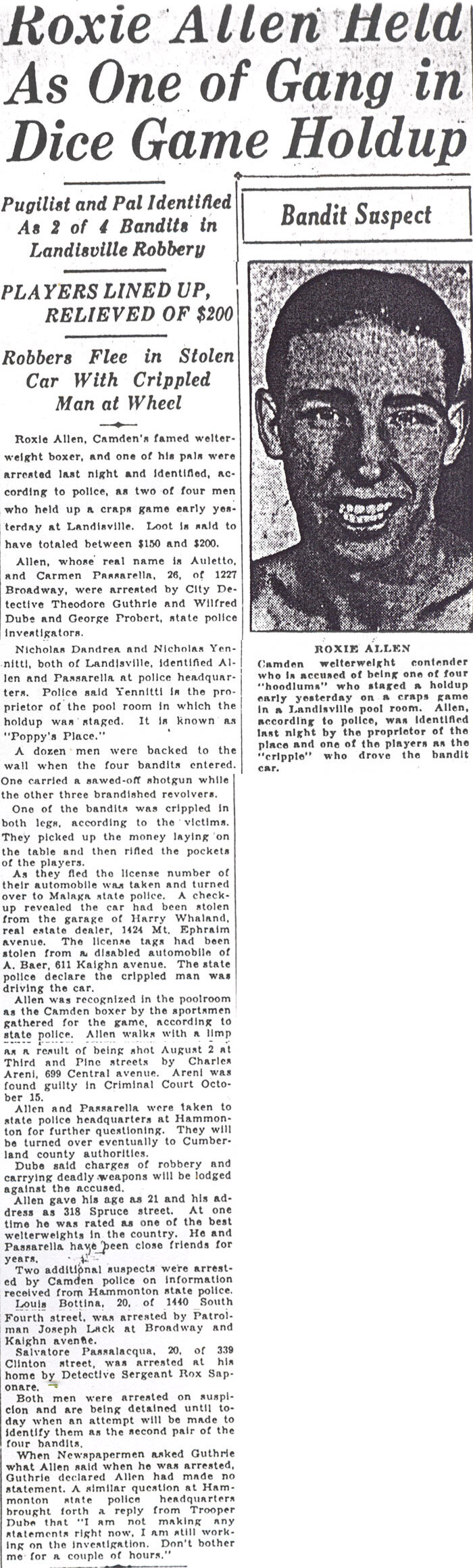 Camden Morning Post clipping, December 8, 1930: Roxie Allen Held As One of Gang in Dice Game Holdup, with a portrait of Allen