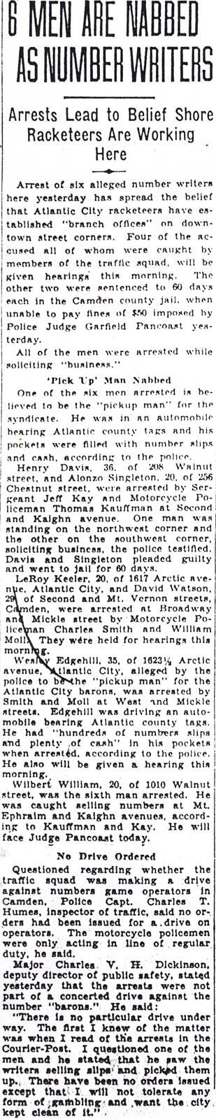 Camden Morning Post headline: 6 Men Are Nabbed as Number Writers, December 12, 1930