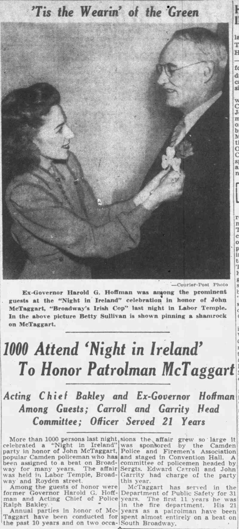Newspaper clipping with photo of Betty Sullivan pinning a shamrock on Patrolman John McTaggart; Courier-Post, March 15, 1941