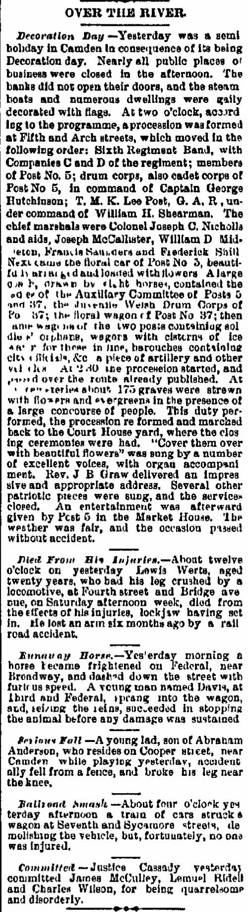 Philadelphia Inquirer column "Over the River," June 1, 1880, reporting Camden's Decoration Day parade and local items