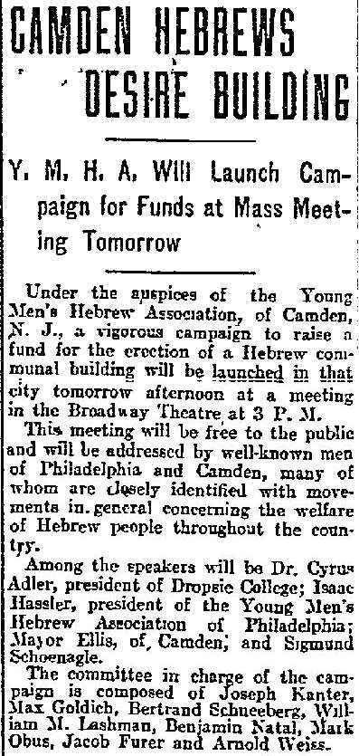 Newspaper clipping: Camden Hebrews Desire Building, Philadelphia Inquirer, January 24, 1914