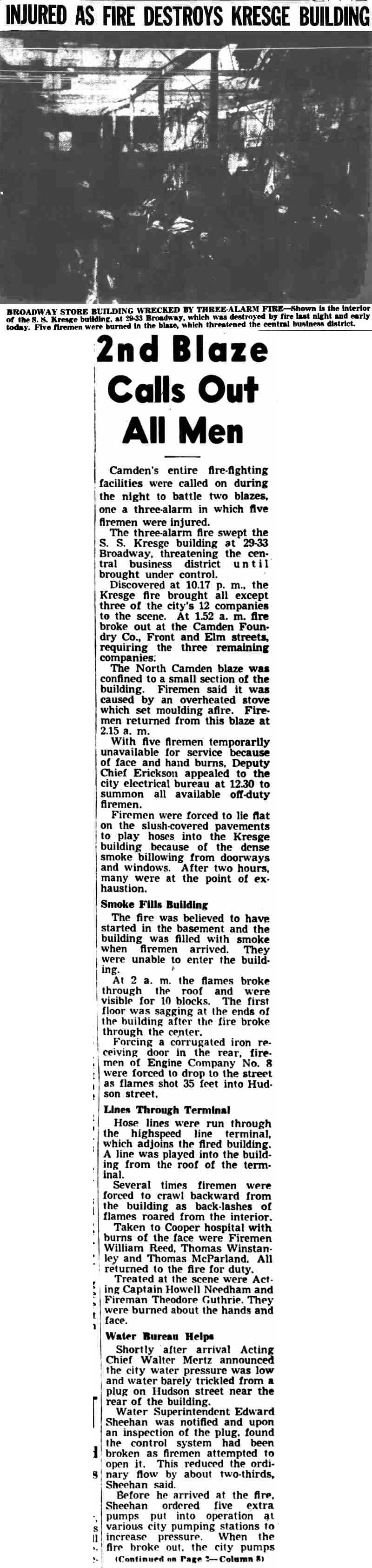 Newspaper clipping: Injured as Fire Destroys Kresge Building, with a photograph of the burned-out S. S. Kresge store interior at 29-33 Broadway, Camden