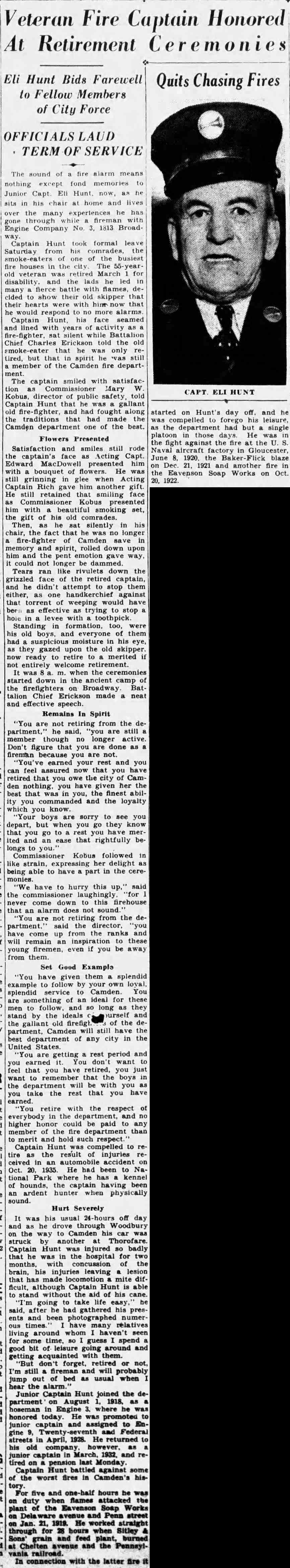 Courier-Post clipping, March 8, 1937: Veteran Fire Captain Honored At Retirement Ceremonies, with a portrait of Capt. Eli Hunt.