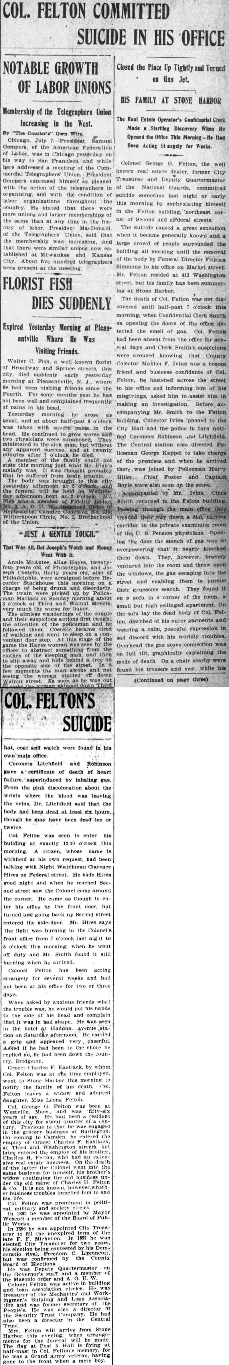 Camden Daily Courier front page, July 7, 1902: Col. Felton Committed Suicide in His Office