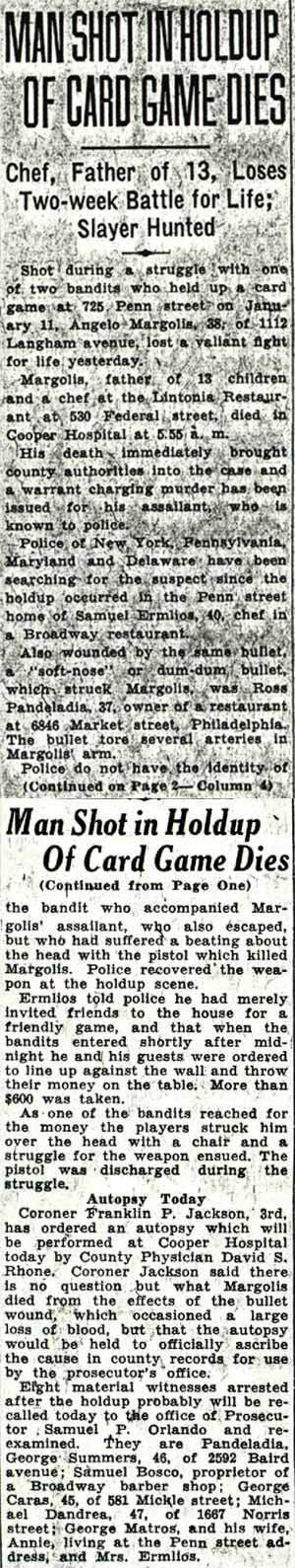 Newspaper clipping, "Man Shot in Holdup of Card Game Dies," Camden Courier-Post, January 13, 1938.