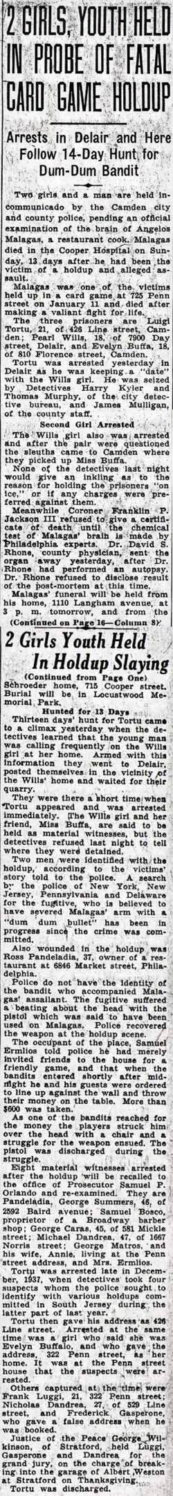 Courier-Post clipping, "2 Girls, Youth Held in Probe of Fatal Card Game Holdup," January 24, 1938.